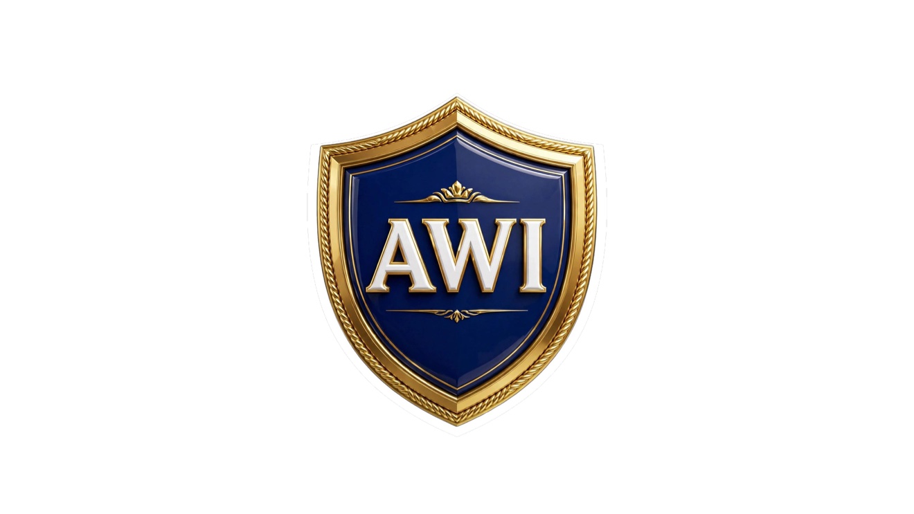 Navy shield with a gold rope border and gold AWI lettering